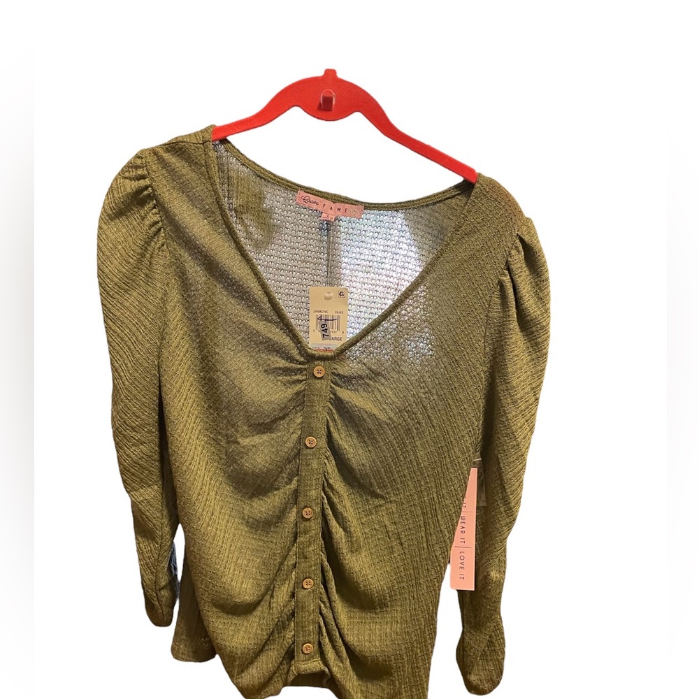 NWT army green button down blouse with cinchable sleeves